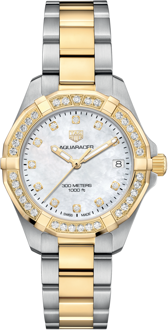 電池交換済 TAG Heuer タグホイヤー アクアレーサー WBD1323 BB0320 ダイヤモンド 11Pダイヤ ダイヤベゼル デイト 300m防水 白 ホワイトシェル K18YG イエローゴールド SS ステンレス コンビ レディース クォーツ【6ヶ月保証】【腕時計】【中古】 TAG Heuer - 電池交換済 TAG Heuer タグホイヤー アクアレーサー